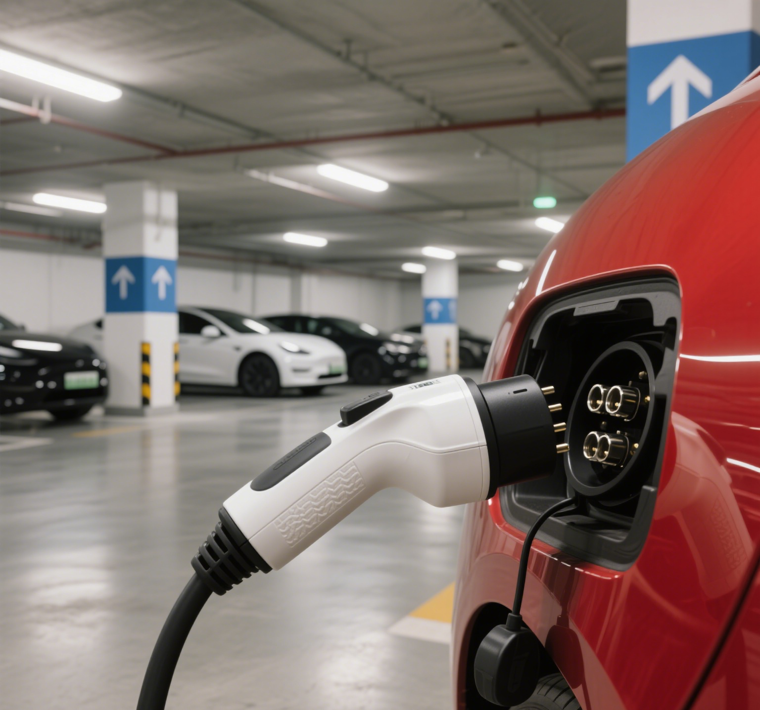 Rote EV wird in Garage aufgeladen